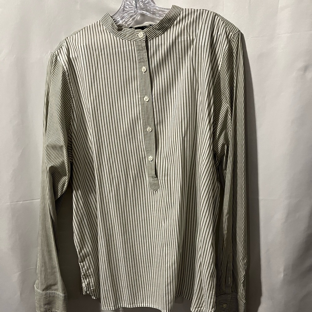 American Living Women’s Pinstripe Button Down Top - Olive Green and White.